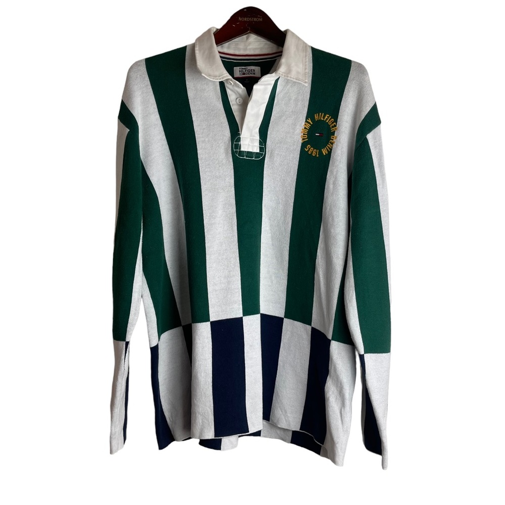 VTG Y2K Tommy Hilfiger Men’s Green Stripes Rugby Sweater Size M Knit Sporty